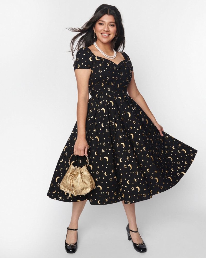 Unique Vintage Black Gold Moon Stars Midge Swing Dress Black G
